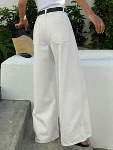 DAZY Women's Casual Everyday Workwear Simple Versatile Solid Color Loose Wide-Leg Jeans Pants, Belt Not Included - White - View 6