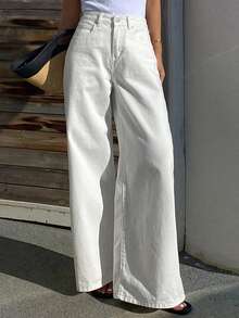 DAZY Women's Casual Everyday Workwear Simple Versatile Solid Color Loose Wide-Leg Jeans Pants, Belt Not Included - White - View 2