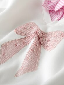 SHEIN Sparklyn بلوزة رياضية للفتيات المراهقات، كاجوال جامعي متعدد الاستخدامات للتنقل، بلوزة رياضية 2 في 1 مع ياقة قميص ثقيل ثقيل، طباعة أرقام وحروف بنمط نمر، قصة فضفاضة - متعدد الألوان - مشاهدة 5