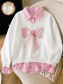 SHEIN Sparklyn بلوزة رياضية للفتيات المراهقات، كاجوال جامعي متعدد الاستخدامات للتنقل، بلوزة رياضية 2 في 1 مع ياقة قميص ثقيل ثقيل، طباعة أرقام وحروف بنمط نمر، قصة فضفاضة - متعدد الألوان - مشاهدة 1