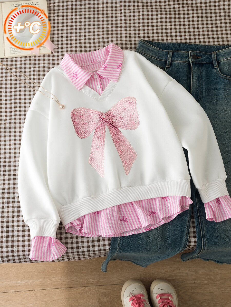 SHEIN Sparklyn Tween Girl) Sweatshirt, College Casual Versatile Commute, 2 In 1 Sweatshirt With Shirt Collar, Number Letter Print Leopard Pattern Loose Fit - Multicolor - View 1