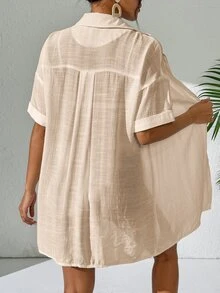 SHEIN Swim 女款短袖亞麻和服式罩衫，白色夏季波希米亞度假海灘襯衫，優雅純色鈕扣開襟休閒度假衫 - 杏色 - 查看 2