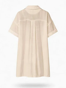 SHEIN Swim 女款短袖亞麻和服式罩衫，白色夏季波希米亞度假海灘襯衫，優雅純色鈕扣開襟休閒度假衫 - 杏色 - 查看 8