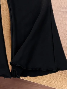 Souflis Souflis 2件組少女針織上衣與喇叭褲套裝，甜美優雅米色與黑色羅紋設計，多蝴蝶結不對稱長袖小高領，休閒派對秋季公主風舒適套裝 - 棕色 - 查看 7