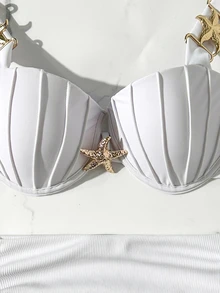 Swim Chiccia 粗肩帶模杯鋼圈聚攏比基尼套裝，側綁帶褲褲與海星飾邊 - 白色 - 查看 8