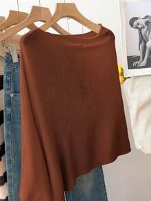 SHEIN LUNE 女士休闲宽松度假风白色披肩斗篷毛衣，适合春夏穿着 - 鏽棕色 - 查看 2