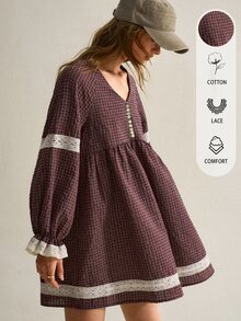 SHEIN Gaun Wanita Sederhana Motif Kotak-kotak dengan Hiasan Renda - MultiWarna - View 1