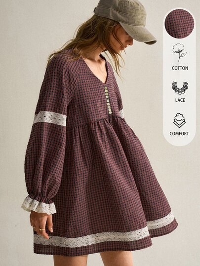 SHEIN Einfaches Damenkleid mit Karomuster und Spitzenbesatz
