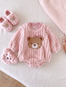 SHEIN Infant Girls Cute Bear Embroidery 3D Bow Double-Sided Striped Plush Crew Neck Long Sleeve Bodysuit Winter - Pink - View 7