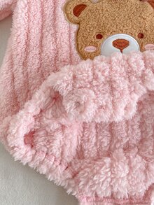 SHEIN Infant Girls Cute Bear Embroidery 3D Bow Double-Sided Striped Plush Crew Neck Long Sleeve Bodysuit Winter - Pink - View 6