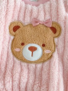 SHEIN Infant Girls Cute Bear Embroidery 3D Bow Double-Sided Striped Plush Crew Neck Long Sleeve Bodysuit Winter - Pink - View 8