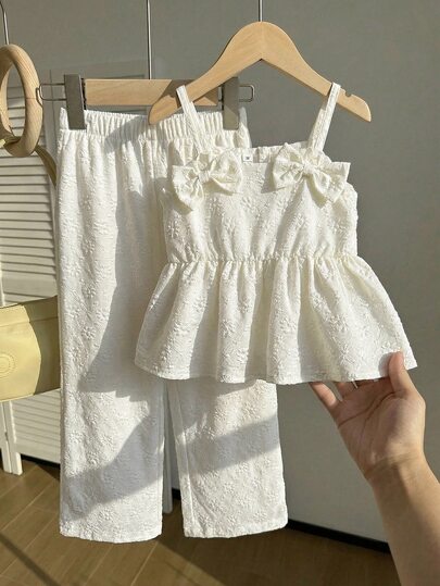 Souflis Souflis Young Girls 2pcs Summer Set, Cute Bowknot Camisole Dress + Loose Wide Leg Pants, Suitable For Daily Wear, Travel, Party