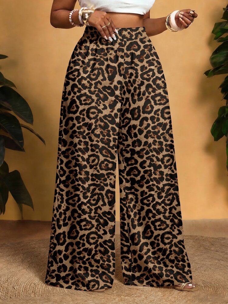 Veslaya 2026 Spring/Summer New Casual & Daily Wear & Beach & Bonfire Party Loose Plus Size Women Long Pants With Colorful Leopard Print Elements Fall - Brown - View 1