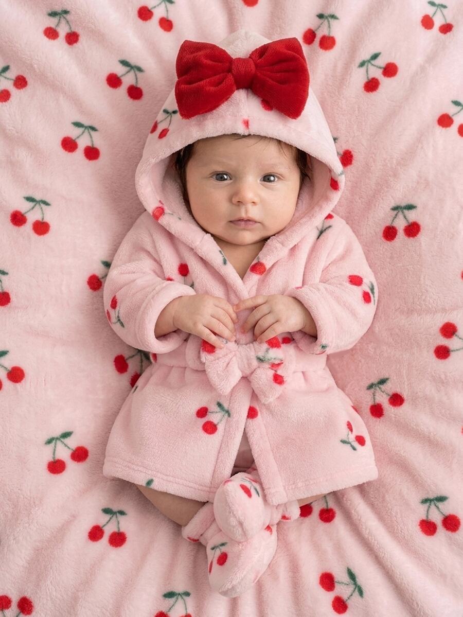 SHEIN Autumn/Winter Newborn Bathrobe White Base Cute Red Cherry Print Double-Sided Flannel Fleece Bowknot Sleepwear - Pink - View 1