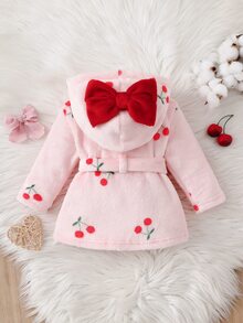SHEIN 秋冬新生兒白色底可愛紅色櫻桃印花雙面法蘭絨抓絨蝴蝶結睡袍 - 粉色 - 查看 2