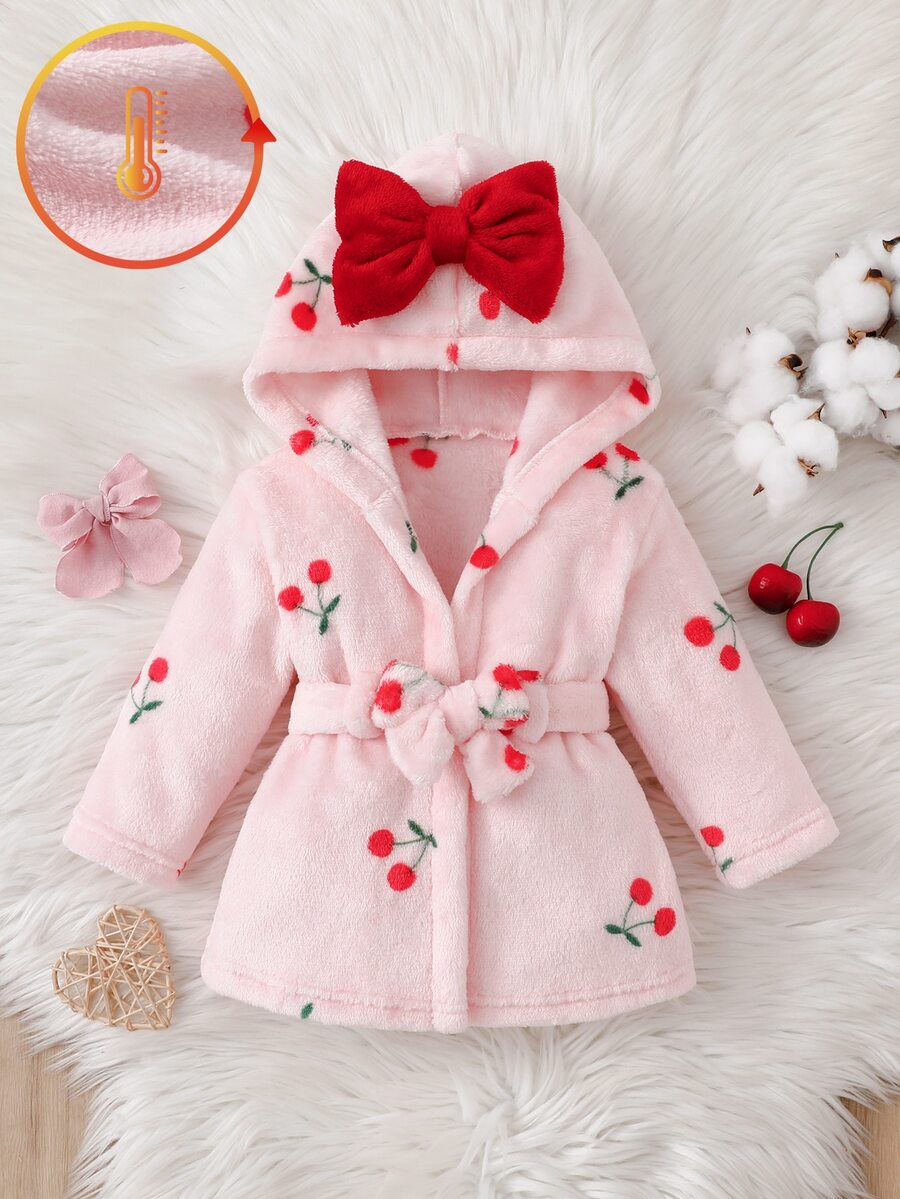 SHEIN 秋冬新生兒白色底可愛紅色櫻桃印花雙面法蘭絨抓絨蝴蝶結睡袍 - 粉色 - 查看 1
