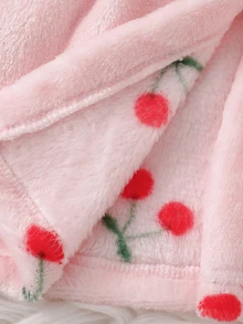 SHEIN 秋冬新生兒白色底可愛紅色櫻桃印花雙面法蘭絨抓絨蝴蝶結睡袍 - 粉色 - 查看 6