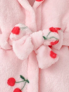 SHEIN 秋冬新生兒白色底可愛紅色櫻桃印花雙面法蘭絨抓絨蝴蝶結睡袍 - 粉色 - 查看 4