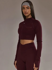 Musera Sport Cropped Zip Through BBL Jacket Only Padel Winter Activewear Sport Gym Workout - Burgundy - View 4
