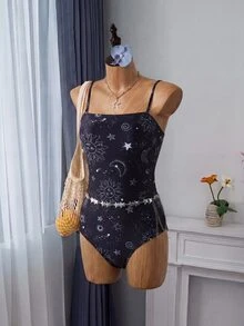 Swim Vcay Summer Beach Sun & Moon Print One Piece Swimsuit - Multicolor - View 5