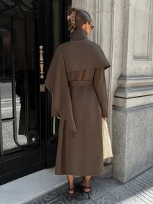 Aloruh Jaket Trench Coat Panjang Wanita Warna Polos, Modis untuk Kantor, Kasual, Elegan, Perjalanan Sehari-hari, Minimalis, Vintage, Gaya Kampus, Urban, Modern - Khaki - View 3