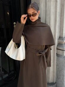 Aloruh Jaket Trench Coat Panjang Wanita Warna Polos, Modis untuk Kantor, Kasual, Elegan, Perjalanan Sehari-hari, Minimalis, Vintage, Gaya Kampus, Urban, Modern - Khaki - View 8