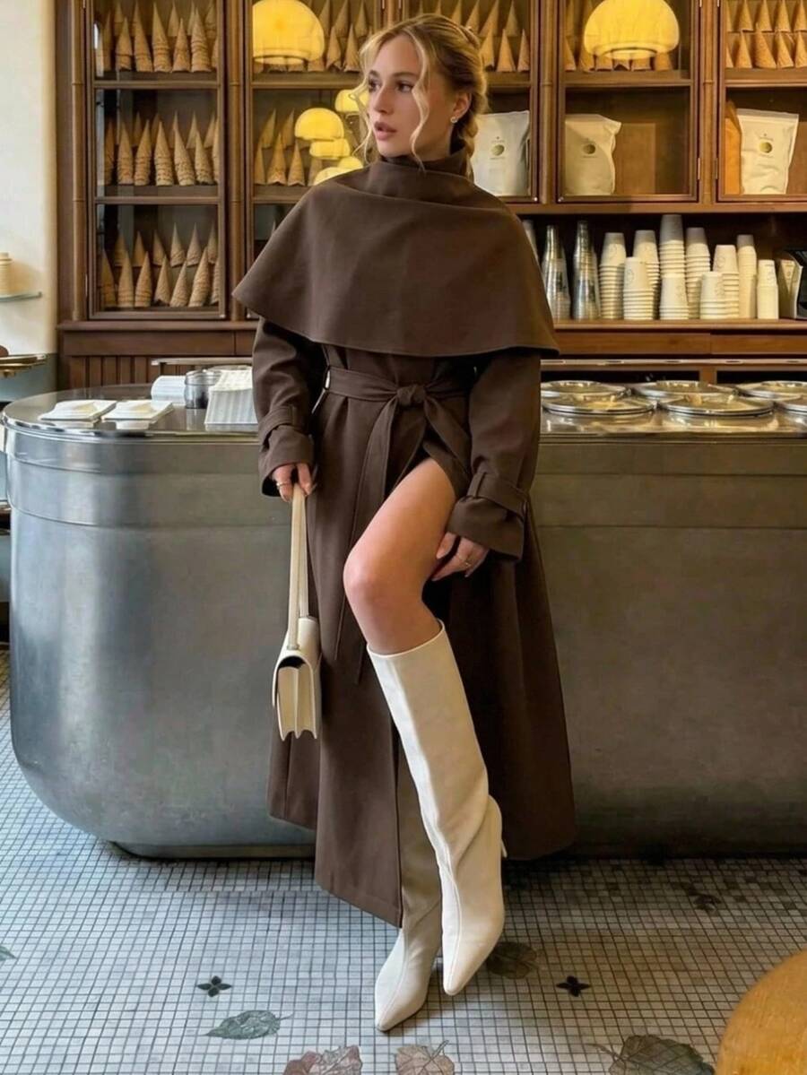 Aloruh Jaket Trench Coat Panjang Wanita Warna Polos, Modis untuk Kantor, Kasual, Elegan, Perjalanan Sehari-hari, Minimalis, Vintage, Gaya Kampus, Urban, Modern