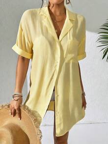 SHEIN Swim Women Simple Solid Color Short Sleeve Kimono , Summer Beach For Women , Long Beach Kimono - Light Yellow - View 6