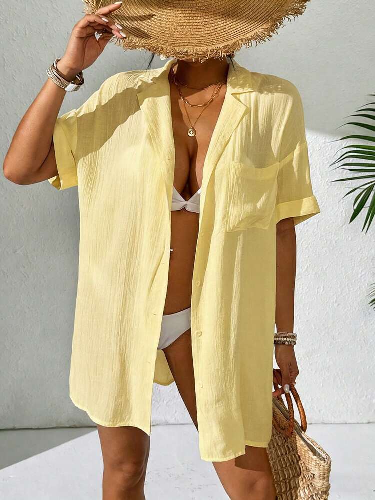 SHEIN Swim Kimono de manga corta de unicolor simple para mujer, kimono largo de playa de verano para mujer - Amarillo claro - Añade 1