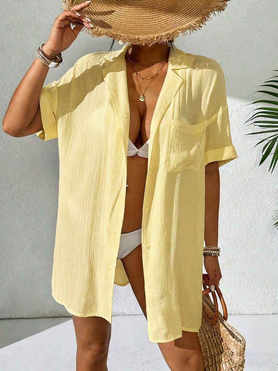 SHEIN Swim Women Simple Solid Color Short Sleeve Kimono , Summer Beach For Women , Long Beach Kimono - Light Yellow - View 1