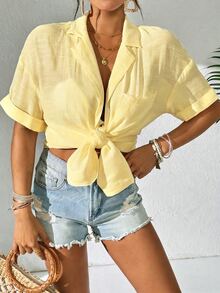 SHEIN Swim Women Simple Solid Color Short Sleeve Kimono , Summer Beach For Women , Long Beach Kimono - Light Yellow - View 4