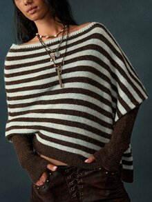 Bohemela Sweater Rajut Asimetris Blok Warna Gaya Boho Vintage, Cocok untuk Sehari-hari, Malam Hari, dan Acara Luar Ruangan, Motif Garis Cokelat, Cocok untuk Musim Gugur. - MultiWarna - View 3