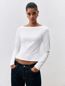 ATUI Studio 秋季休閒百搭商務風白色女款純棉素色船領時尚極簡百搭長袖T恤日常穿搭 - 白色 - 查看 7