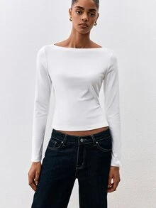 ATUI Studio 秋季休閒百搭商務風白色女款純棉素色船領時尚極簡百搭長袖T恤日常穿搭 - 白色 - 查看 4