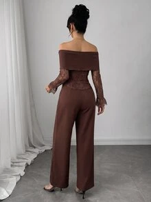 Modelyn French Style Cold Shoulder Square Neck Lace Patchwork Asymmetrical Long Sleeve Cropped Top Wide Leg Trousers Women's Elegant Slimming Suit Set - Brown - View 5