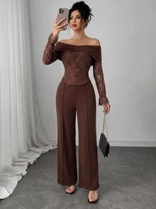 Modelyn French Style Cold Shoulder Square Neck Lace Patchwork Asymmetrical Long Sleeve Cropped Top Wide Leg Trousers Women's Elegant Slimming Suit Set - Brown - View 3