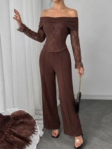 Modelyn French Style Cold Shoulder Square Neck Lace Patchwork Asymmetrical Long Sleeve Cropped Top Wide Leg Trousers Women's Elegant Slimming Suit Set - Brown - View 8