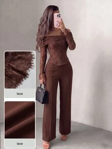 Modelyn French Style Cold Shoulder Square Neck Lace Patchwork Asymmetrical Long Sleeve Cropped Top Wide Leg Trousers Women's Elegant Slimming Suit Set - Brown - View 7