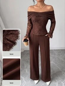 Modelyn French Style Cold Shoulder Square Neck Lace Patchwork Asymmetrical Long Sleeve Cropped Top Wide Leg Trousers Women's Elegant Slimming Suit Set - Brown - View 2