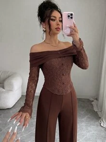 Modelyn French Style Cold Shoulder Square Neck Lace Patchwork Asymmetrical Long Sleeve Cropped Top Wide Leg Trousers Women's Elegant Slimming Suit Set - Brown - View 6
