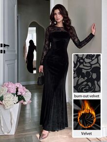 Modelyn Premium Velvet Patchwork Hollow Lace Dress, Round Neck Long Sleeve Bodycon Mermaid Skirt - Black - View 2