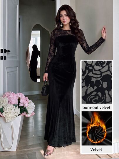 Modelyn Premium Velvet Patchwork Hollow Lace Dress, Round Neck Long Sleeve Bodycon Mermaid Skirt