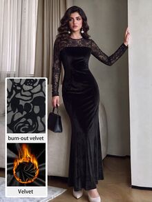 Modelyn Premium Velvet Patchwork Hollow Lace Dress, Round Neck Long Sleeve Bodycon Mermaid Skirt - Black - View 5