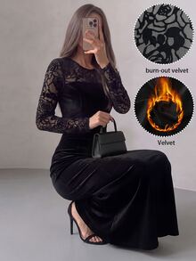 Modelyn Premium Velvet Patchwork Hollow Lace Dress, Round Neck Long Sleeve Bodycon Mermaid Skirt - Black - View 9