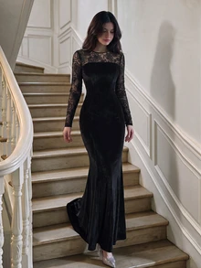 Modelyn Premium Velvet Patchwork Hollow Lace Dress, Round Neck Long Sleeve Bodycon Mermaid Skirt - Black - View 4