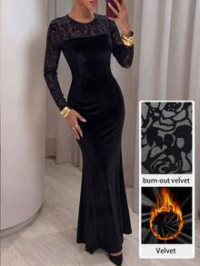 Modelyn Premium Velvet Patchwork Hollow Lace Dress, Round Neck Long Sleeve Bodycon Mermaid Skirt - Black - View 7