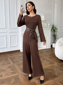 Modelyn 女款咖啡棕時尚優雅通勤都市度假晚餐辦公室腰部皮革繫帶設計連身褲 秋季 - 棕色 - 查看 6