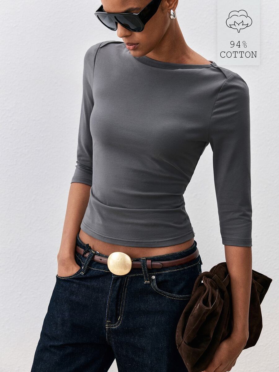 ATUI Studio Fall Casual Business Basic Women's Daily Solid Color Minimalist Commute Long Sleeve T-Shirt - Grey - View 1