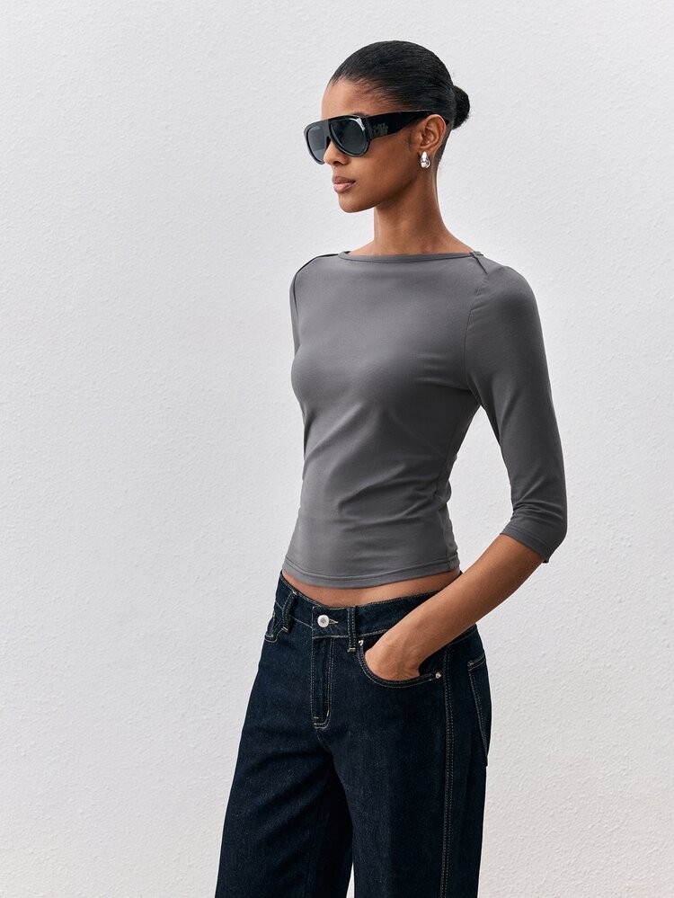 ATUI Studio Fall Casual Business Basic Women's Daily Solid Color Minimalist Commute Long Sleeve T-Shirt - Grey - View 8