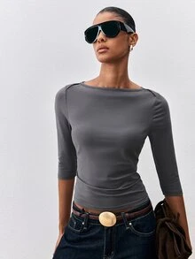 ATUI Studio Fall Casual Business Basic Women's Daily Solid Color Minimalist Commute Long Sleeve T-Shirt - Grey - View 7